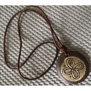Handcrafted Signed Y2K Studio Pottery Medallion Neckless w/ Leather Rope